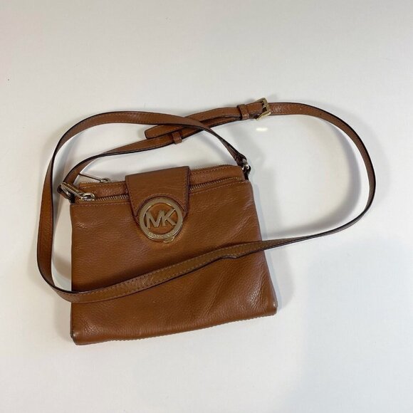 Michael Kors Fulton Womens Leather Crossbody Bag Purse Brown S Logo Adjustable - Picture 1 of 12